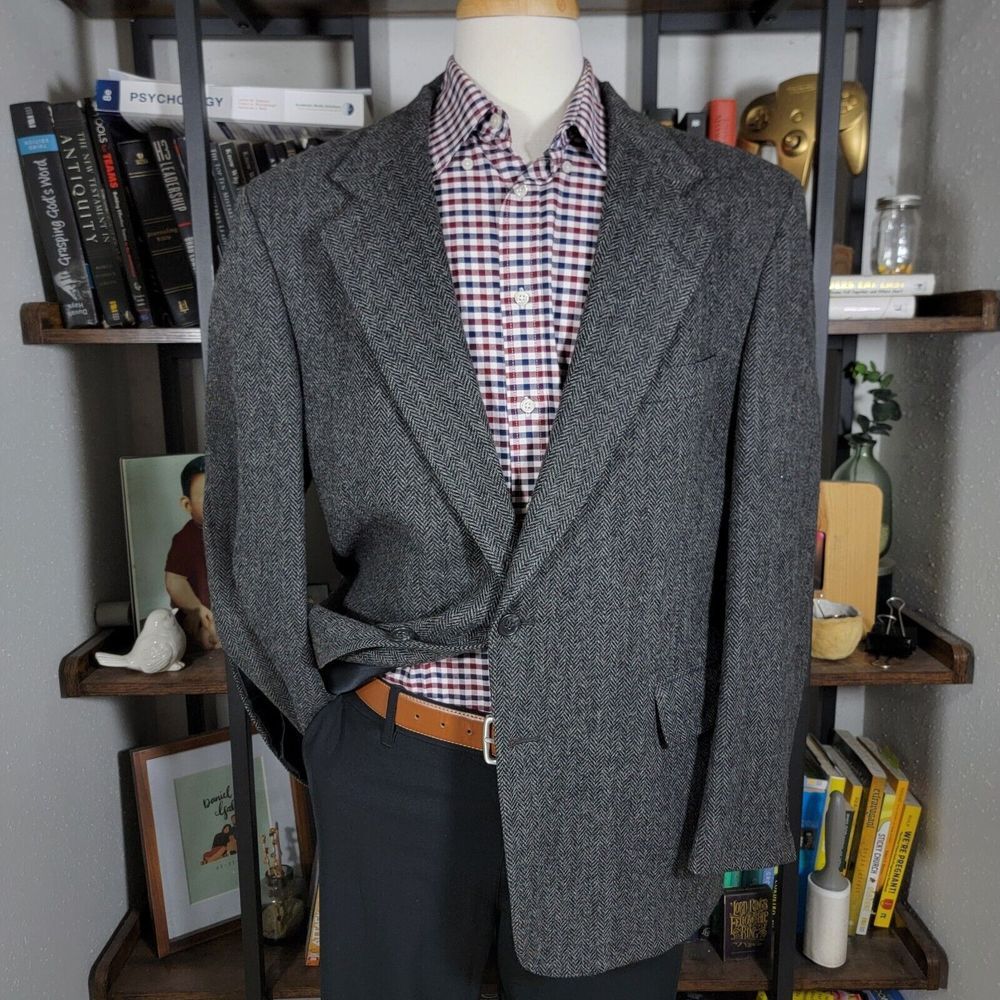 VTG  Men's Tweed Sport Coat Charcoal Blk‎ Wool Herringbone Sz 44R-46R
